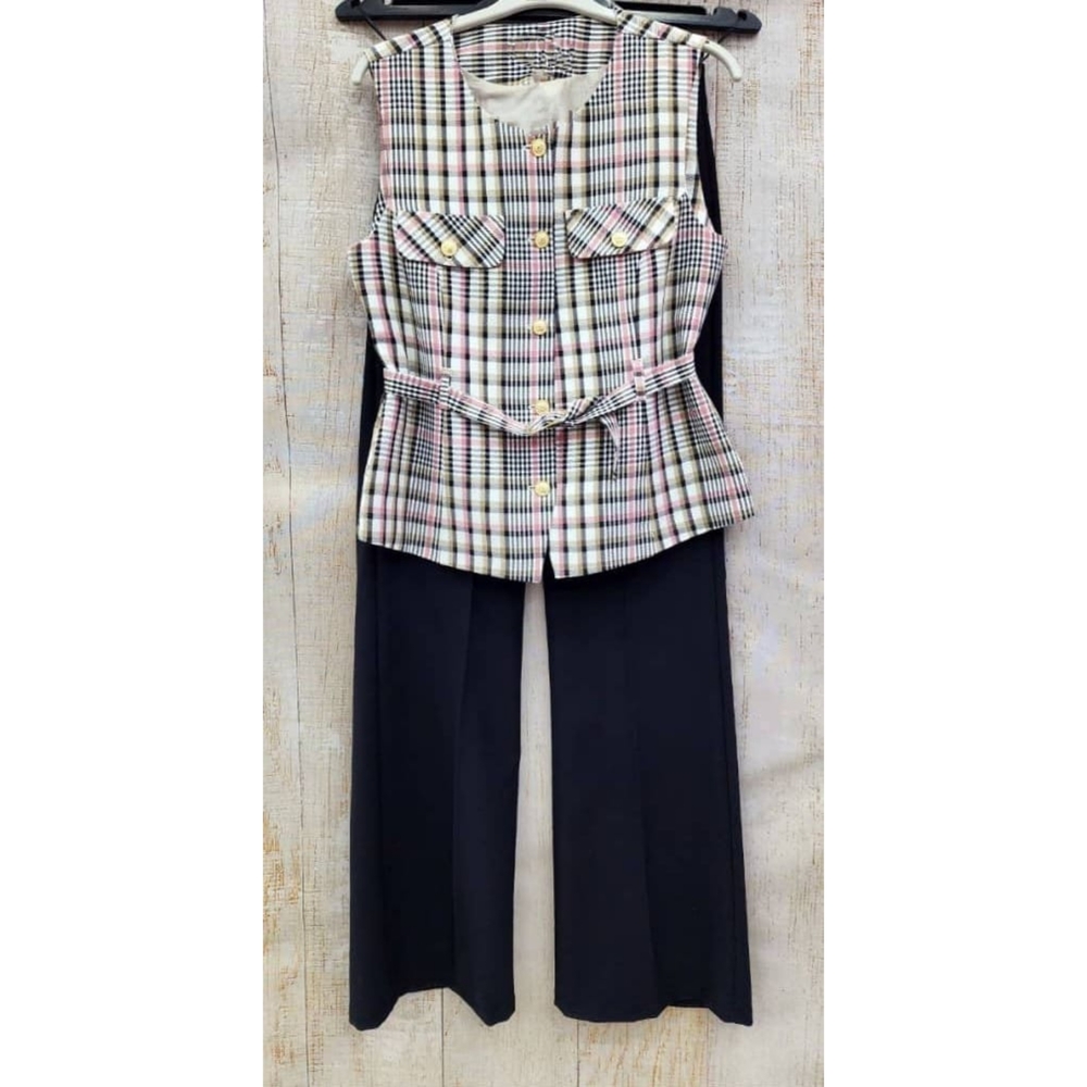 Sleeveless Plaid Top with Wide Leg Black Pants Set